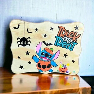 Handmade Wooden "Trick or Treat" Halloween Sign with Disney's Stitch 9" by 12".